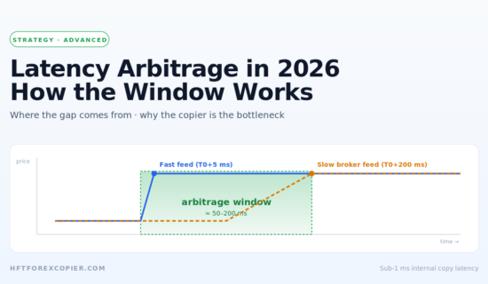 Latency arbitrage diagram showing fast vs slow broker feed and arbitrage window